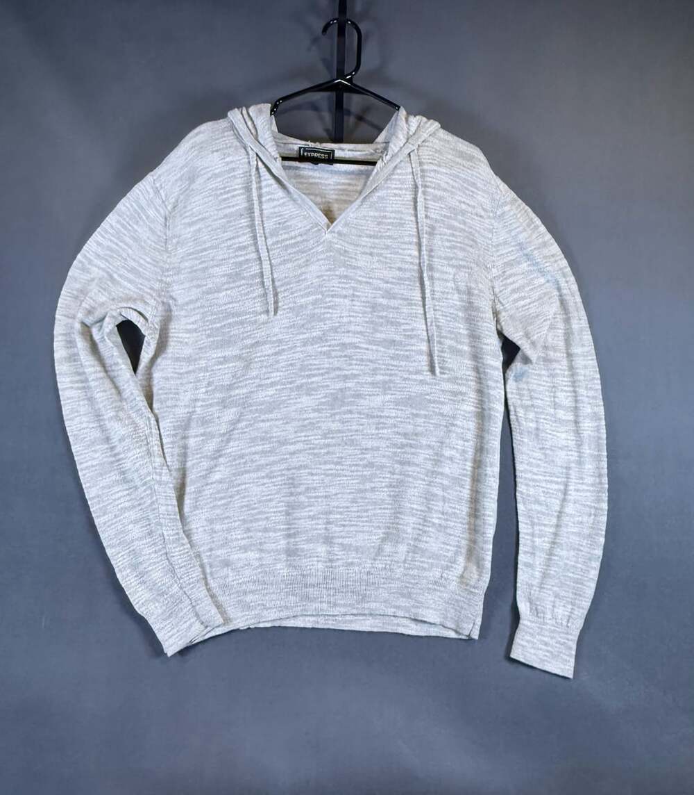 Express Gray Marled Knit V-Neck Pullover Hoodie XL